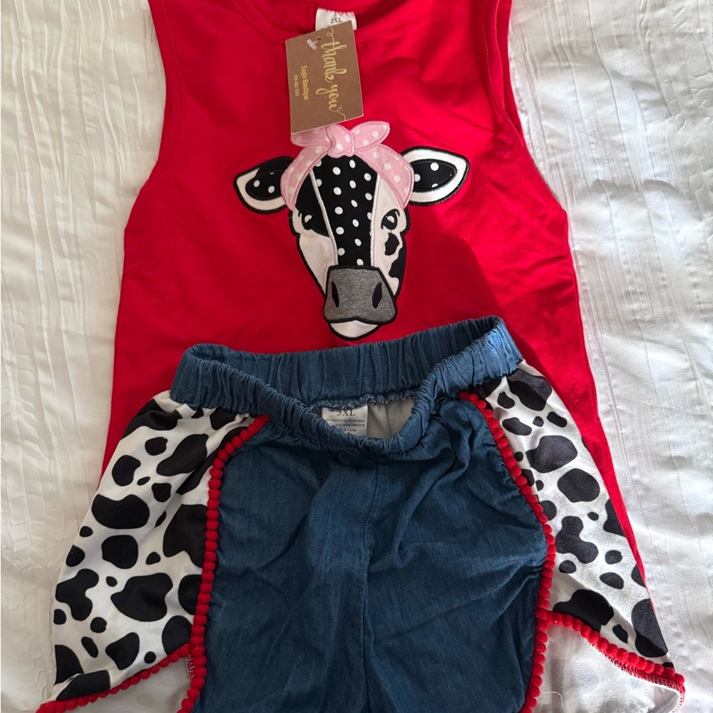 Red Cow Print Tank and Denim Shorts Set